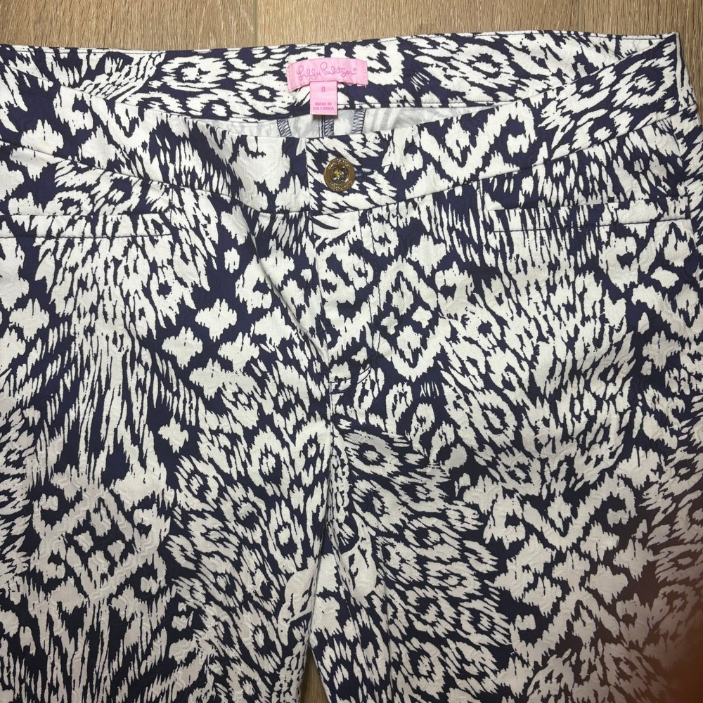 Lilly Pulitzer Kelly Ankle Pants Navy White Ikat Jacquard Trousers Womens 8 - Picture 4 of 11